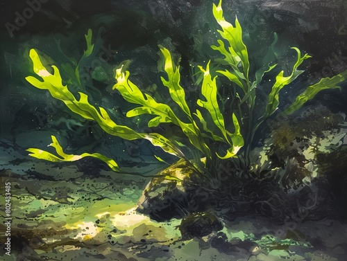 a painting of a plant in a water way with algae growing on it s side and a rock underneath