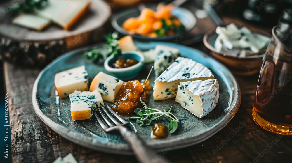 Closeup of pieces of cheese and delicious small jar of jam on the rustic style plate placed on wooden table Closeup of pieces of cheese and delicious small jar of jam on the rustic style plate placed on wooden table