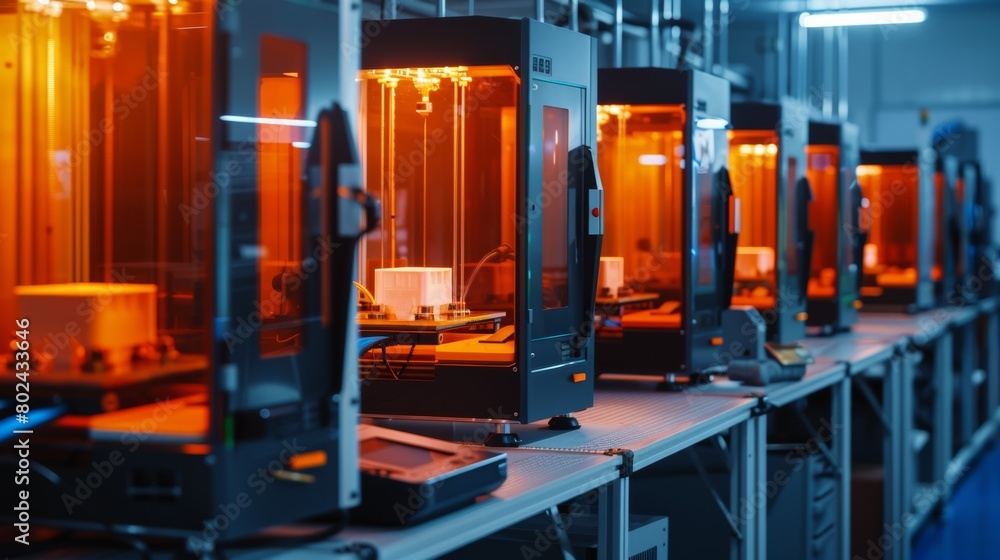 A Production Line Of 3D Printers In A High-tech Manufacturing Facility ...