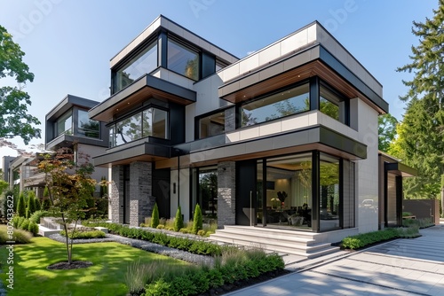 modern house with a lot of windows and a lot of grass and trees in front of it and a walkway leading to the front door © inspiretta