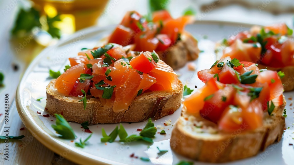 Closeup of tasty bruschetta with lightly salted salmon and vegetables on the plate Closeup of tasty bruschetta with lightly salted salmon and vegetables on the plate