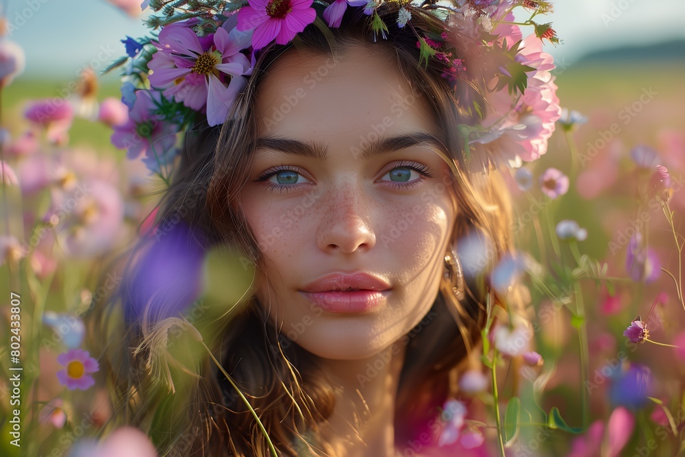 woman with a flower wreath on her head in a field of flowers with a blue sky in the background