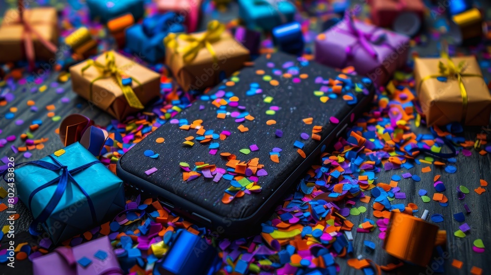Festive smartphone with gift boxes and confetti on blue background holiday celebration concept Festive smartphone with gift boxes and confetti on blue background holiday celebration concept