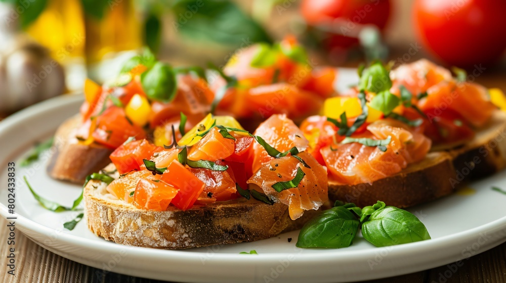 Closeup of tasty bruschetta with lightly salted salmon and vegetables on the plate Closeup of tasty bruschetta with lightly salted salmon and vegetables on the plate