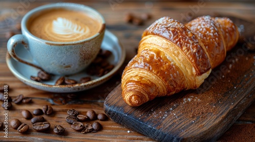 A freshly baked croissant dusted with powdered sugar paired with a creamy cup of coffee, presented on a rustic ceramic plate..