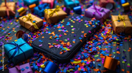 Festive smartphone with gift boxes and confetti on blue background  holiday celebration concept