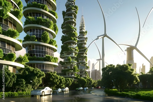 Futuristic Sustainable Cityscape with Renewable Energy Wind Turbines and Vertical Gardens