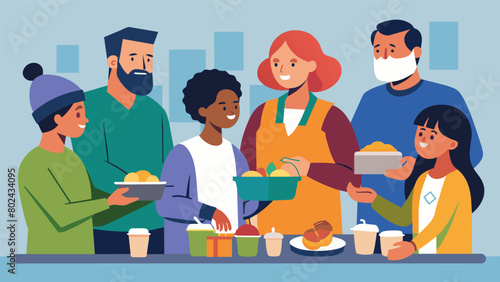 Members of a church group serving meals to homeless individuals and families spreading love and compassion on this special day of remembrance.. Vector illustration