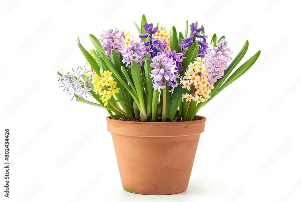 Fresh spring flowers in pot isolated on white background