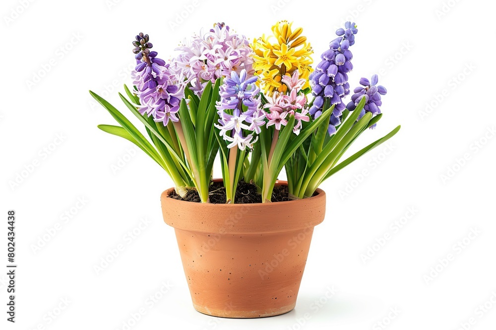Fresh spring flowers in pot isolated on white background Fresh spring flowers in pot isolated on white background