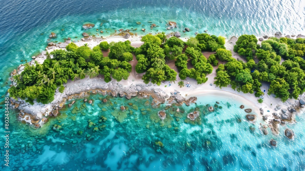 An aerial view of a heart-shaped tropical island, epitomizing vacation, relaxation, and nature