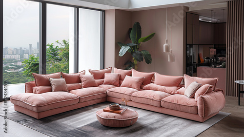 A modern blush pink sectional sofa  offering both style and comfort in a chic and trendy lounge area.