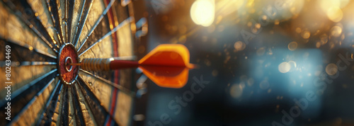 A close-up image of a dart hitting the bullseye on a weathered and colorful d...