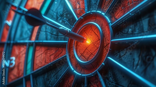 A close-up image of a dart hitting the bullseye on a weathered and colorful d...