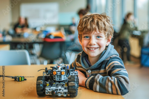Child assembles bright robot with colorful bricks during dynamic Robotechnic class, encouraging creativity and learning. Ideal for promoting STEM education and diversity.