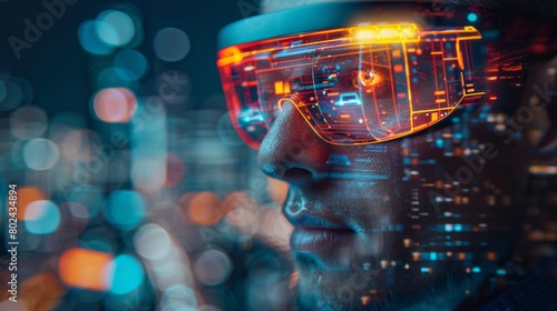 An engineer wearing augmented reality glasses, visualizing future developments and urban planning scenarios overlaid onto a cityscape.