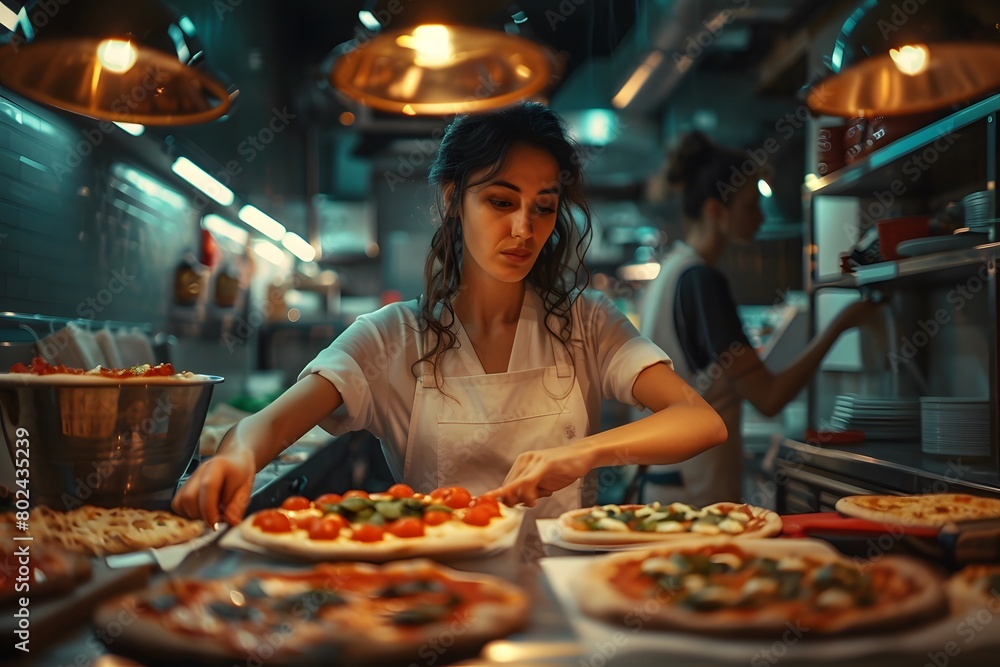 A beautiful dark-haired pizzaiolo girl makes pizza in the kitchen of a pizzeria