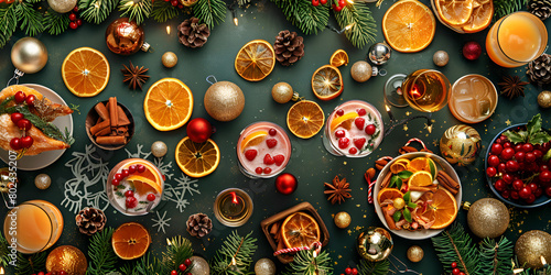 Top view festive christmas food arrangement with copy space 