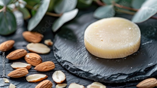 a slice of cheddar cheese placed on a slate plate, surrounded by white chocolate and raw almonds, against a moody dark grey backdrop with eucalyptus leaves adding a touch of freshness.