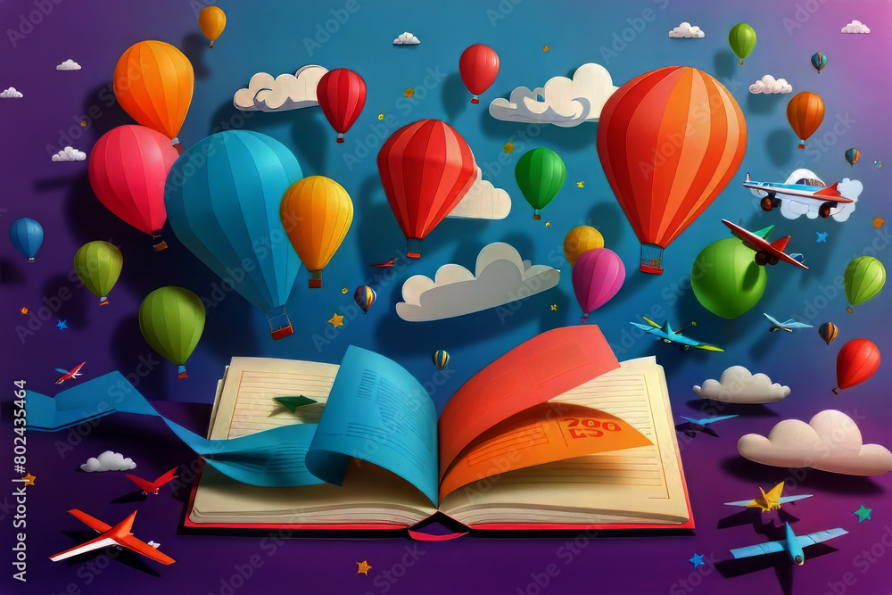 Children's Day with flying colorful 3D paper balloons and airplanes on ...