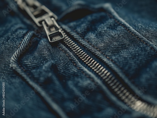 Detailed macro of a zipper on a denim fabric, highlighting texture and material.
