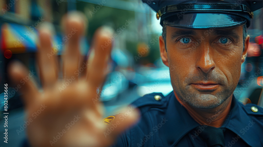 Close-up portrait of a police officer in the rain, giving a stop gesture with a serious expression, set against a backdrop of city lights.. Close-up portrait of a police officer in the rain, giving a stop gesture with a serious expression, set against a backdrop of city lights..