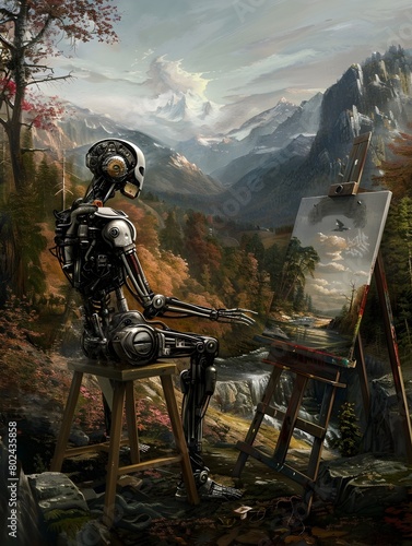 Humanoid Composing Hauntingly Beautiful Landscape Painting