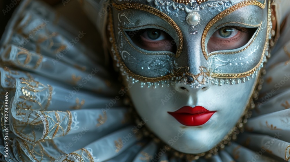 Close-up of a woman wearing a detailed Venetian mask adorned with pearls and golden accents, surrounded by soft lights and feathers..