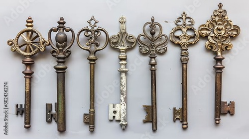 vintage brass keys, each boasting its own unique size and shape, adorned with intricate designs, meticulously arranged against a solid backdrop of white, gray, or dark hues. © lililia