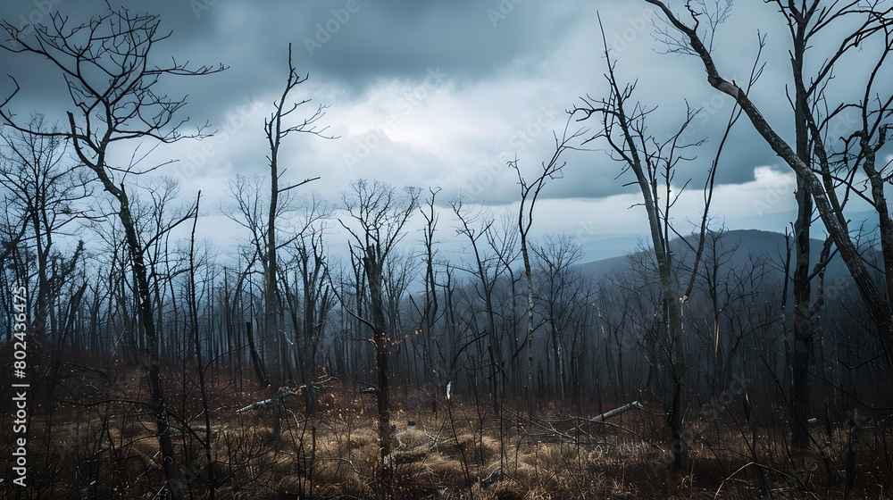 Barren Forest Landscape with Bare Branches Reaching Towards Stormy Gray Sky Barren Forest Landscape with Bare Branches Reaching Towards Stormy Gray Sky