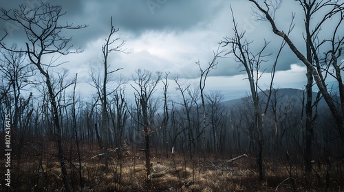 Barren Forest Landscape with Bare Branches Reaching Towards Stormy Gray Sky