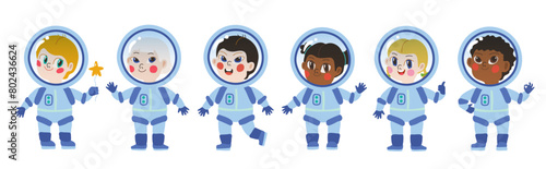 Children in space. Kids astronauts cute vector characters in rocket cosmonaut. Vector illustration