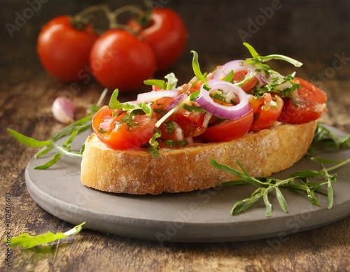 Bruscetta mit Tomaten, Zwiebeln und Ruccola photo