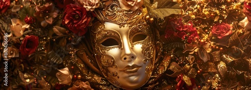 A closeup of an ornate Venetian mask on display in front, with theater masks hanging behind it and stage curtains behind that form the background. Carnival mask festival.