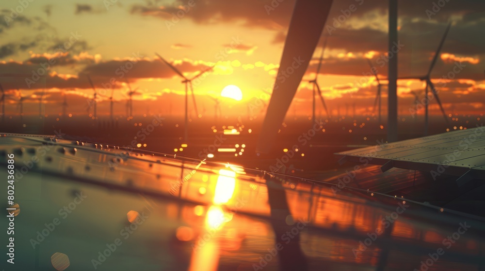 Modern Wind turbines and solar panels sunset light. Concept eco green ...