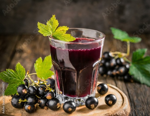 Dunkler Johannisbeersaft in einem Glas mit frischen schwarzen Johannisbeeren 