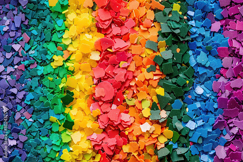 close up horizontal image of plastic pieces and shaves forming a rainbow flag in the context of gay pride celebration
