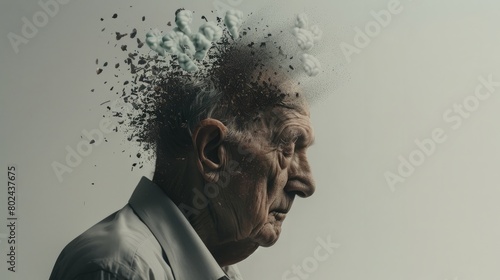 A doctor is placing puzzle pieces on the head of an older man. Alzheimer's concept, Memory loss due to dementia photo