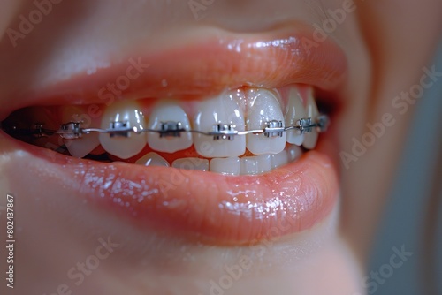 Young woman with modern braces on teeth, dental care concept