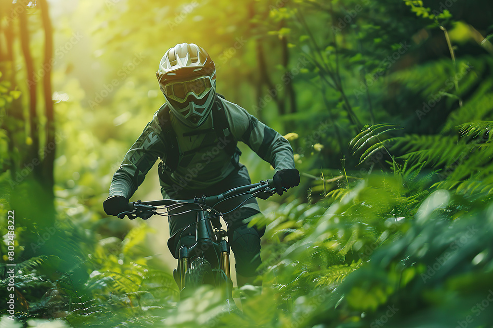 Cyclist on mountain bike riding on a bike on forest path Cyclist on mountain bike riding on a bike on forest path