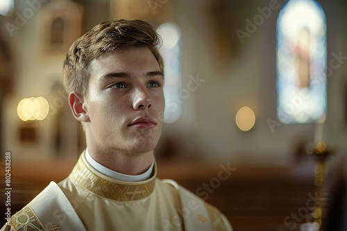 Young priest on blurred church background