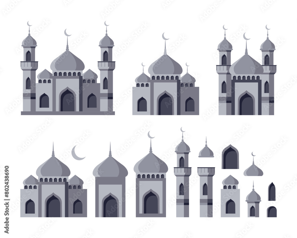 Set of Islamic mosques and minarets with dome. Collection of Arabic architecture elements. Flat style. Vector illustration.