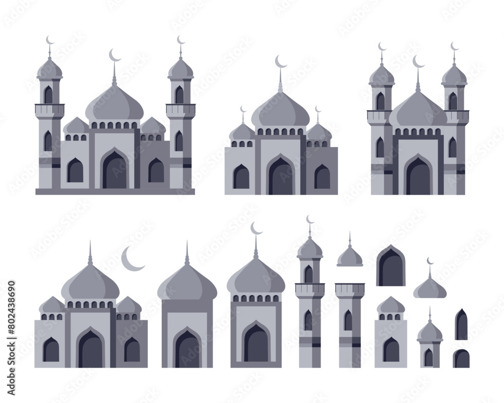 Set of Islamic mosques and minarets with dome. Collection of Arabic architecture elements. Flat style. Vector illustration. Set of Islamic mosques and minarets with dome. Collection of Arabic architecture elements. Flat style. Vector illustration.