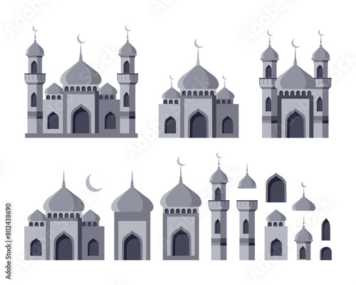 Set of Islamic mosques and minarets with dome. Collection of Arabic architecture elements. Flat style. Vector illustration.