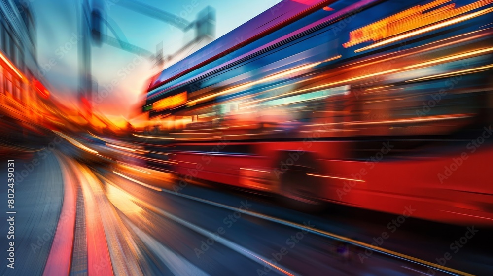 Bus driving moving at high motion blur effect speed on a road in the sunset