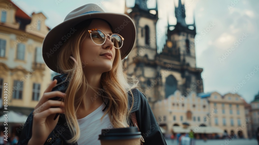 Stylish woman in a beautiful European city, exploring and drinking a cup of hot coffee on the go.