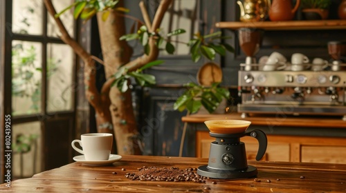 A barista-style coffee grinder and espresso cup, celebrating the art and ritual of coffee preparation