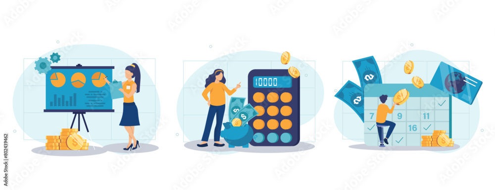 Planning financial budget isolated set. Accounting analysis and savings. People collection of scenes in flat design. Vector illustration for blogging, website, mobile app, promotional materials.