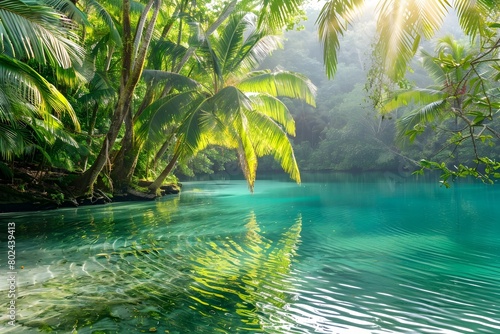 Serene Turquoise Lagoon Surrounded by Lush Palm Trees in Tropical Paradise