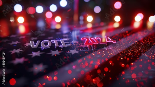 Presidential Election 2024 in 3D Rendering with Neon Lights, American Flag and Vote Text, Glitter and Bokeh Effects in a Creative Concept photo